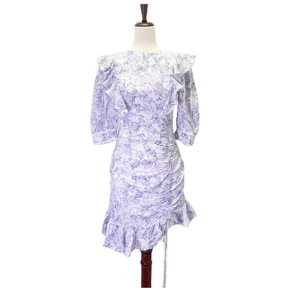 NWT Dark Pink Puff Sleeve Ruched Mini Dress in Lavender Rose Print Size 4 NEW - Picture 3 of 16